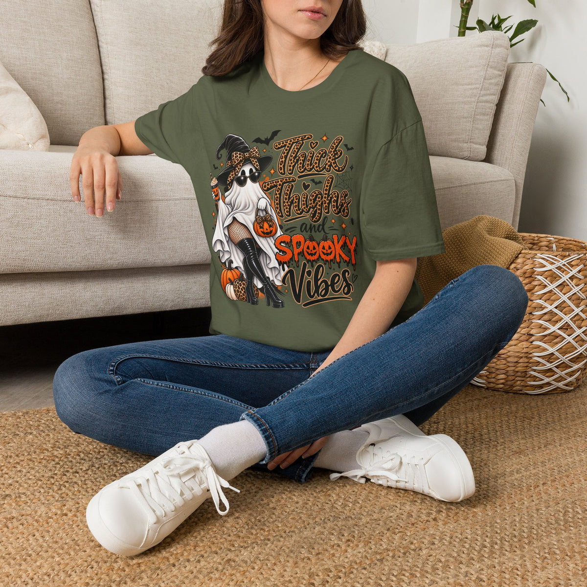 Thick Thighs Spooky Vibes Halloween | Glam Ghost Design | Unisex Softstyle T-Shirt