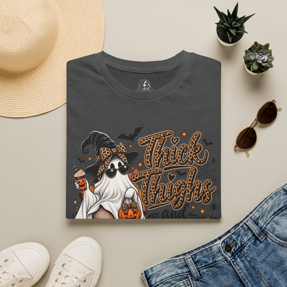 Thick Thighs Spooky Vibes Halloween | Glam Ghost Design | Unisex Softstyle T-Shirt