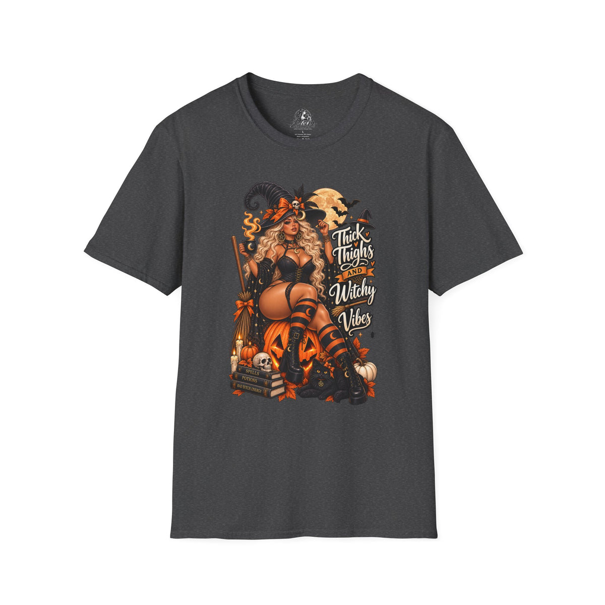 Thick Thighs Witchy Vibes Halloween | Glam Ghost Design | Unisex Softstyle T-Shirt