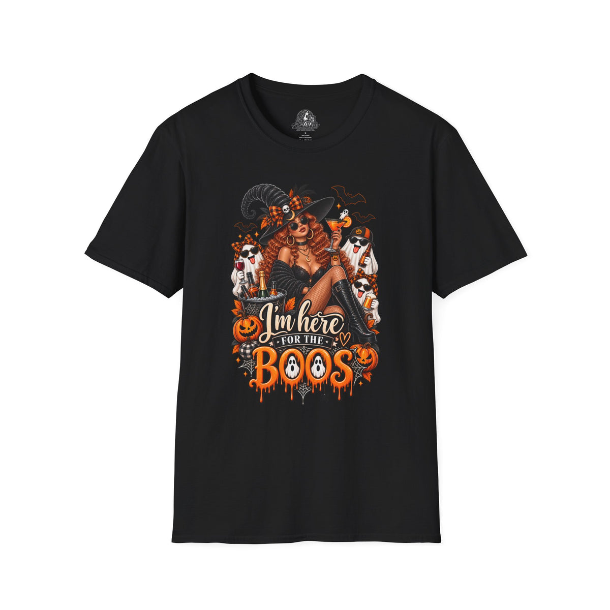 Here for the Boos Halloween | Glam Ghost Design | Unisex Softstyle T-Shirt