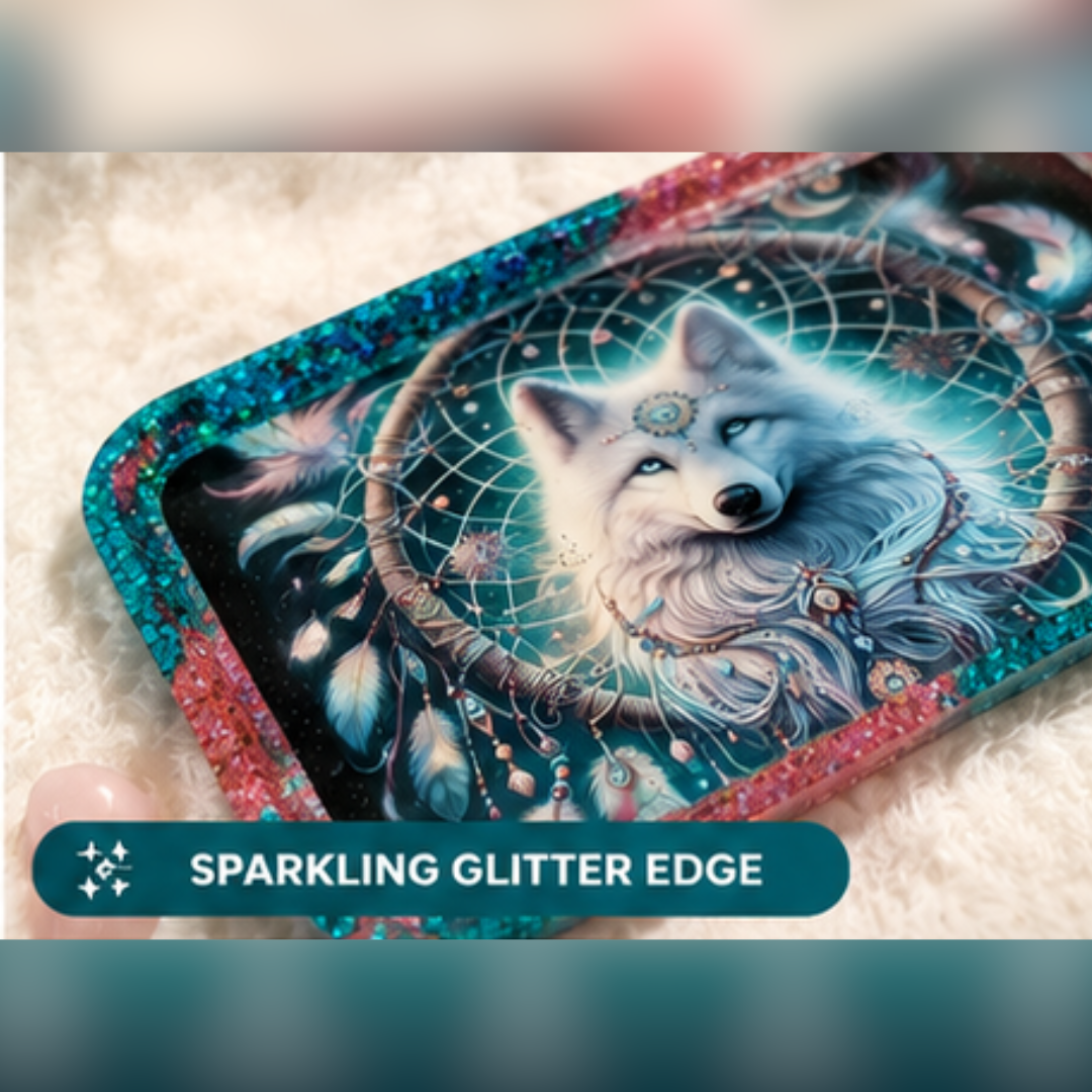 White Wolf Resin Tray | Handmade Dreamcatcher Catchall Tray | Boho Vanity Organizer | Mystical Home Décor | 10" x 6"