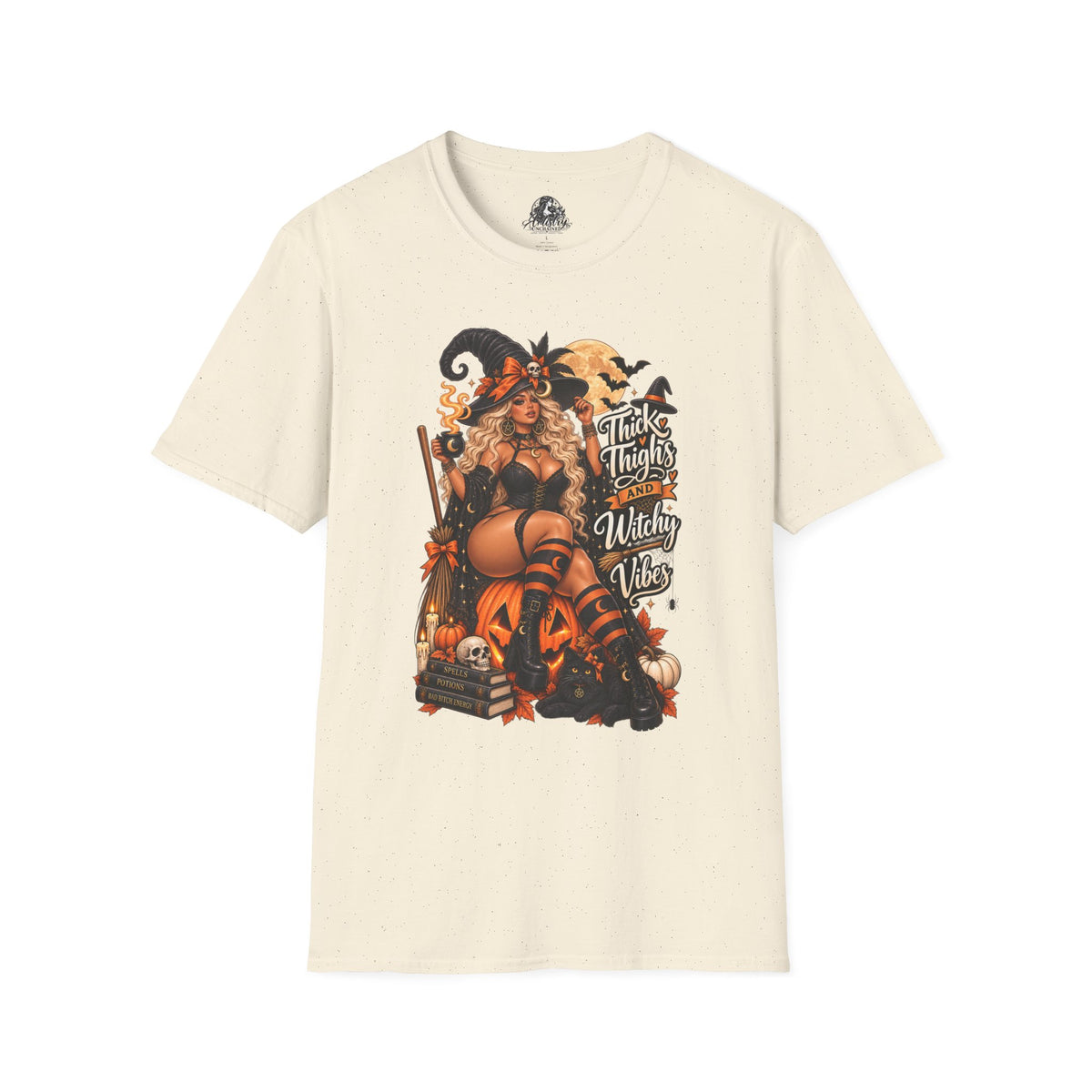 Thick Thighs Witchy Vibes Halloween | Glam Ghost Design | Unisex Softstyle T-Shirt