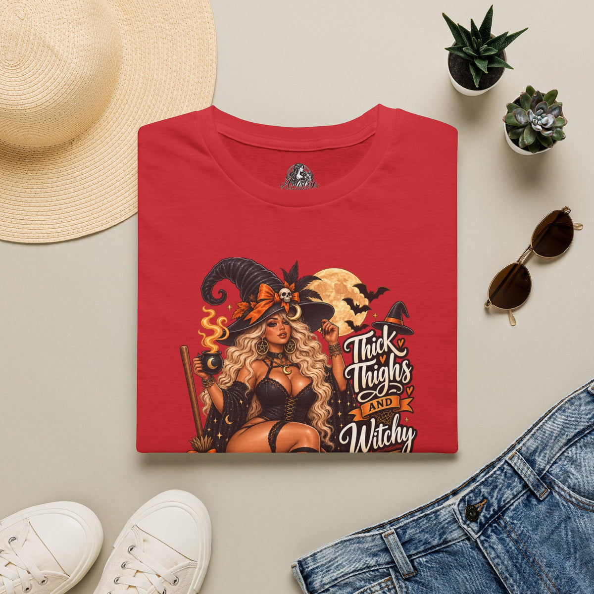 Thick Thighs Witchy Vibes Halloween | Glam Ghost Design | Unisex Softstyle T-Shirt