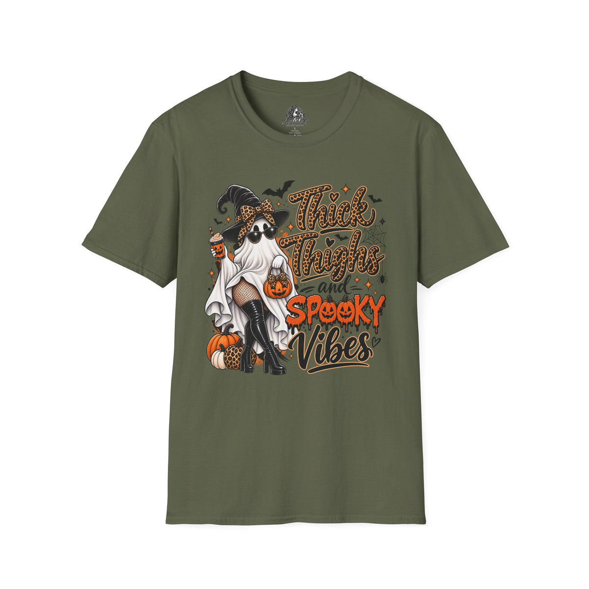 Thick Thighs Spooky Vibes Halloween | Glam Ghost Design | Unisex Softstyle T-Shirt