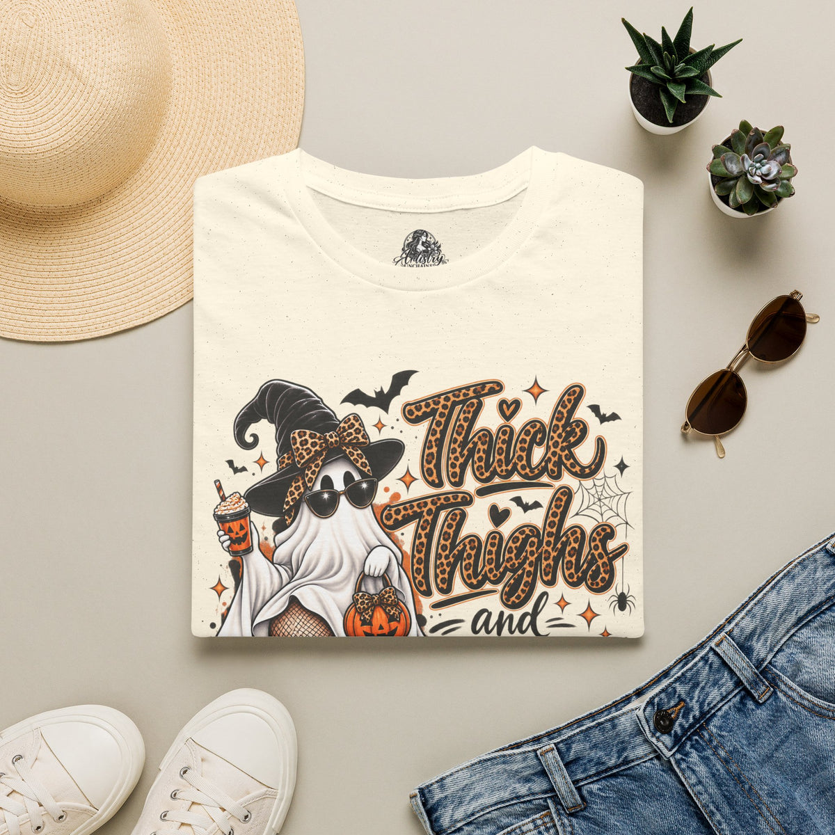 Thick Thighs Spooky Vibes Halloween | Glam Ghost Design | Unisex Softstyle T-Shirt