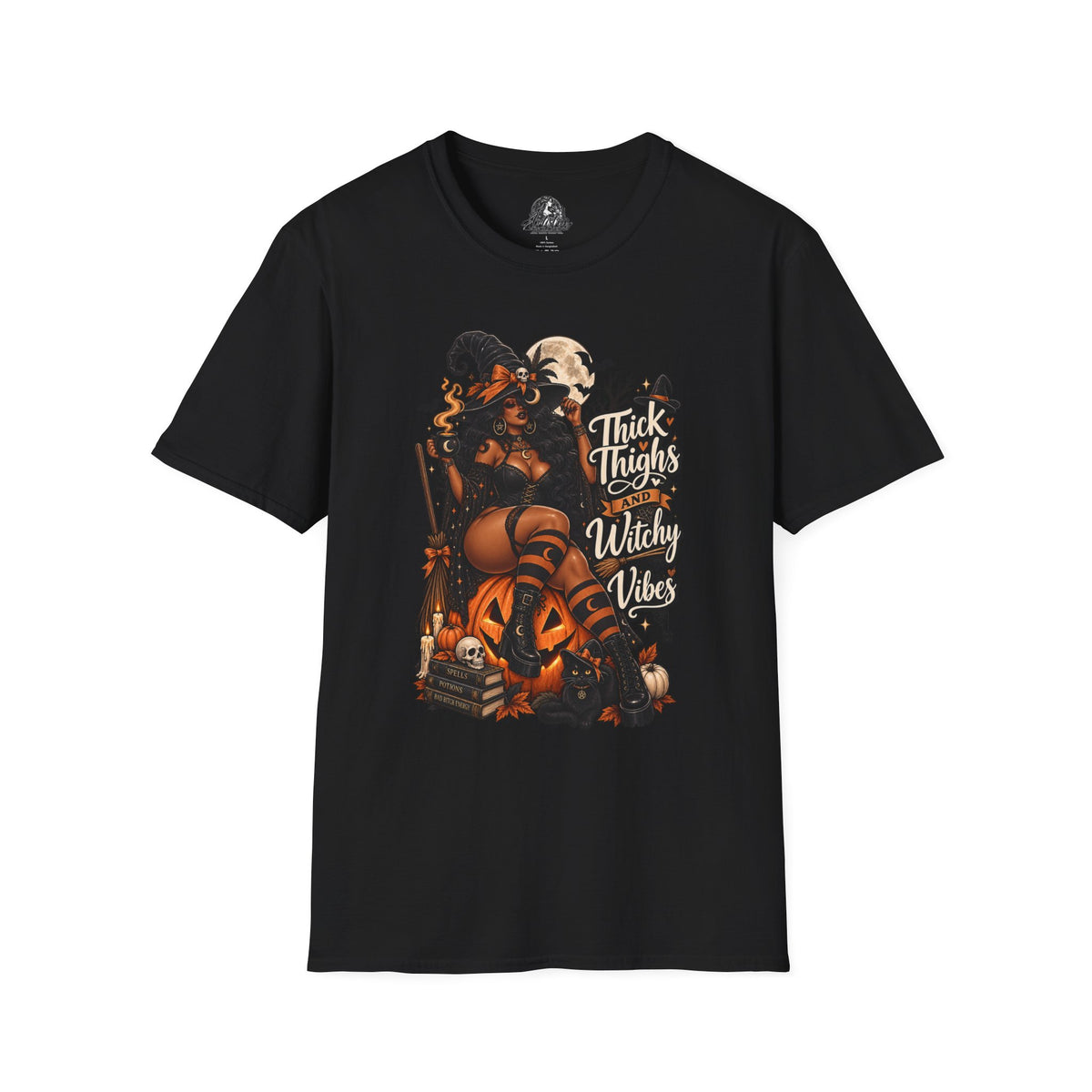 Thick Thighs Witchy Vibes Halloween | Glam Ghost Design | Unisex Softstyle T-Shirt