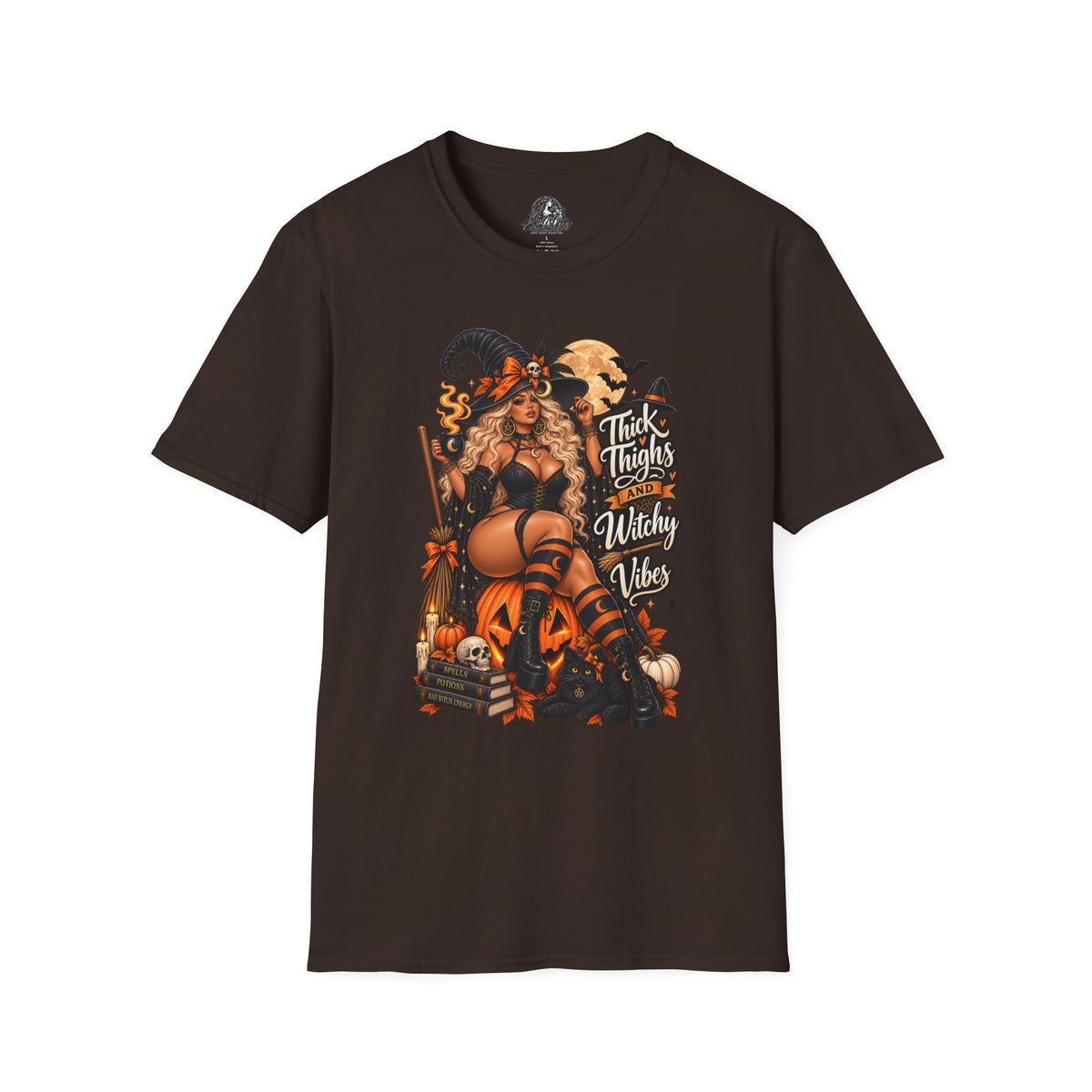 Thick Thighs Witchy Vibes Halloween | Glam Ghost Design | Unisex Softstyle T-Shirt