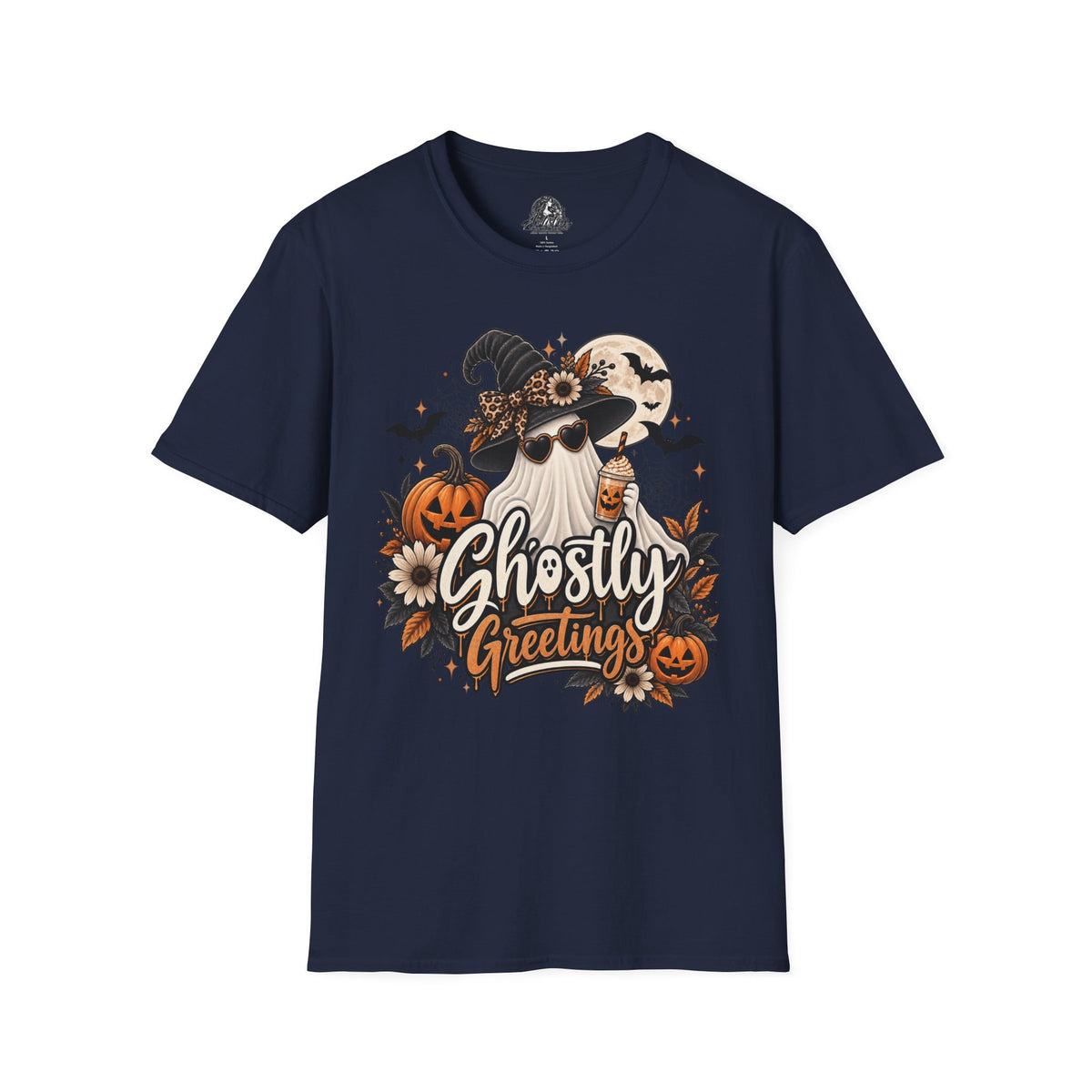Ghostly Greetings Halloween | Glam Ghost Design | Unisex Softstyle T-Shirt