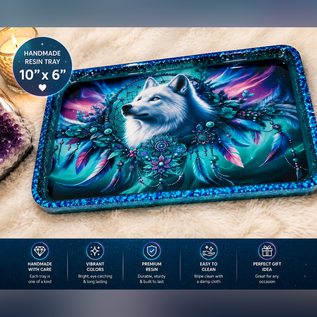 White Wolf Resin Tray | Handmade Dreamcatcher Catchall Tray | Boho Vanity Organizer | Mystical Home Décor | 10" x 6"