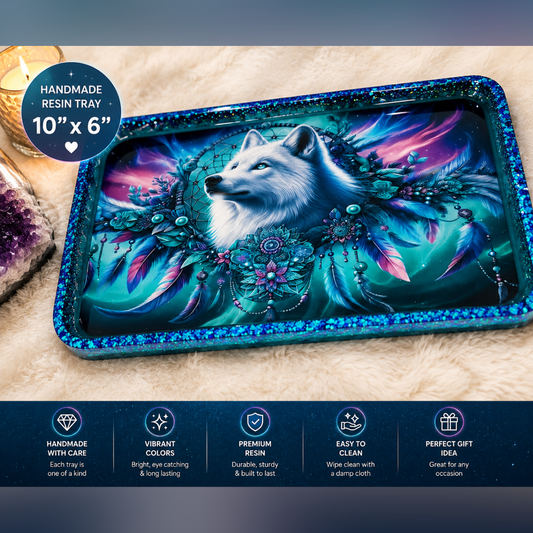 White Wolf Resin Tray | Handmade Dreamcatcher Catchall Tray | Boho Vanity Organizer | Mystical Home Décor | 10" x 6"