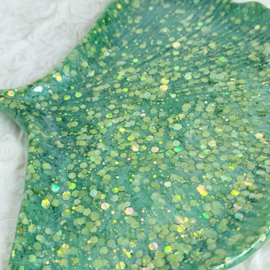 Green Glitter Leaf Trinket Tray