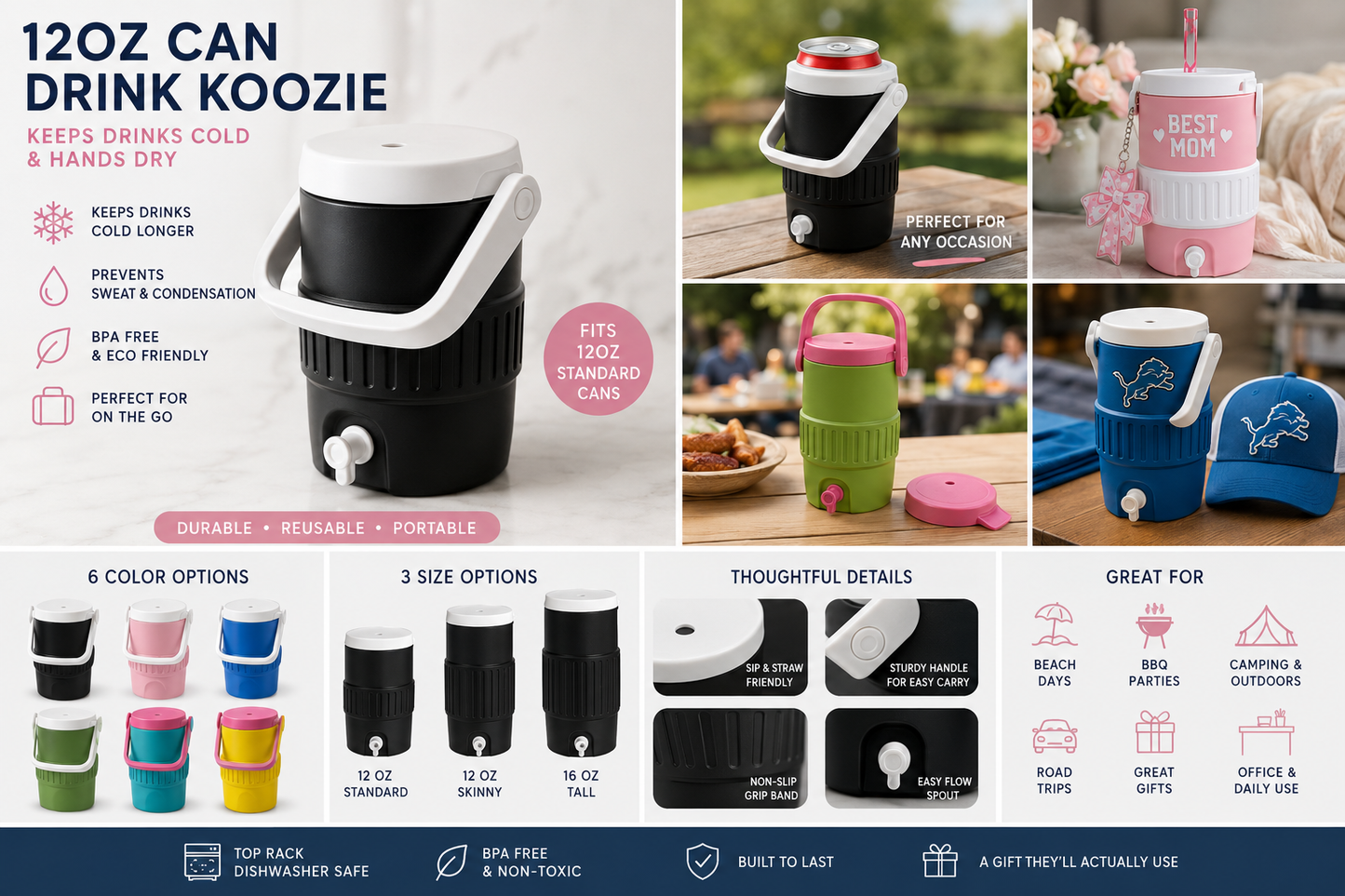 Lidded Can Cooler Koozie, 12 oz Standard Can Holder, Skinny Can Cooler, 16 oz Can Koozie, Mini Cooler Drink Holder, 3D Printed Gift