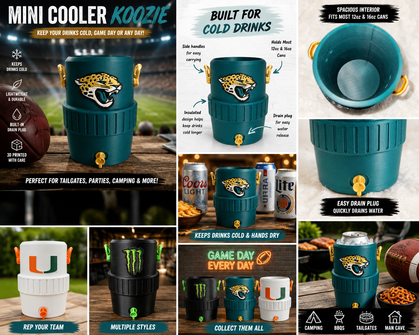 Mini Cooler Can Koozie | 3D Printed Drink Cooler | Game Day Can Cooler | Tailgate BBQ Camping Gift