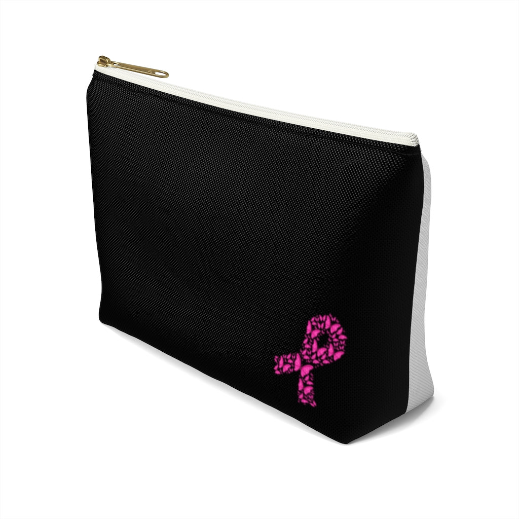 Pink Ribbon Butterfly Black Accessory Pouch w T-bottom