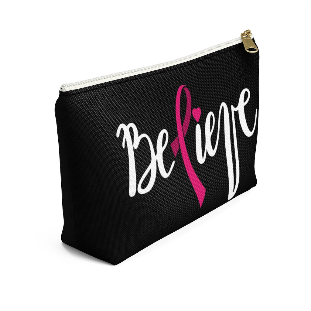 Believe Pink Ribbon Black Accessory Pouch w T-bottom