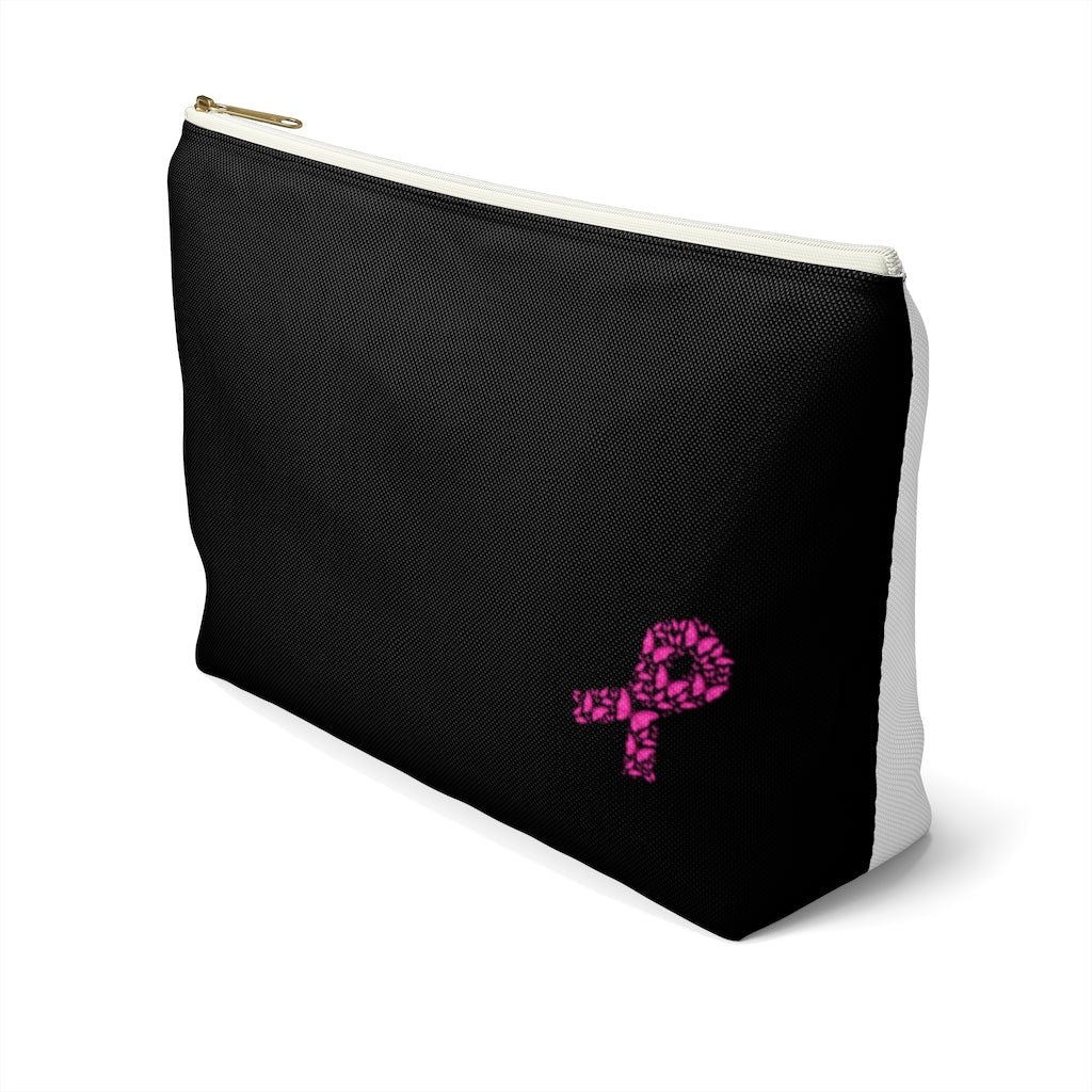 Pink Ribbon Butterfly Black Accessory Pouch w T-bottom