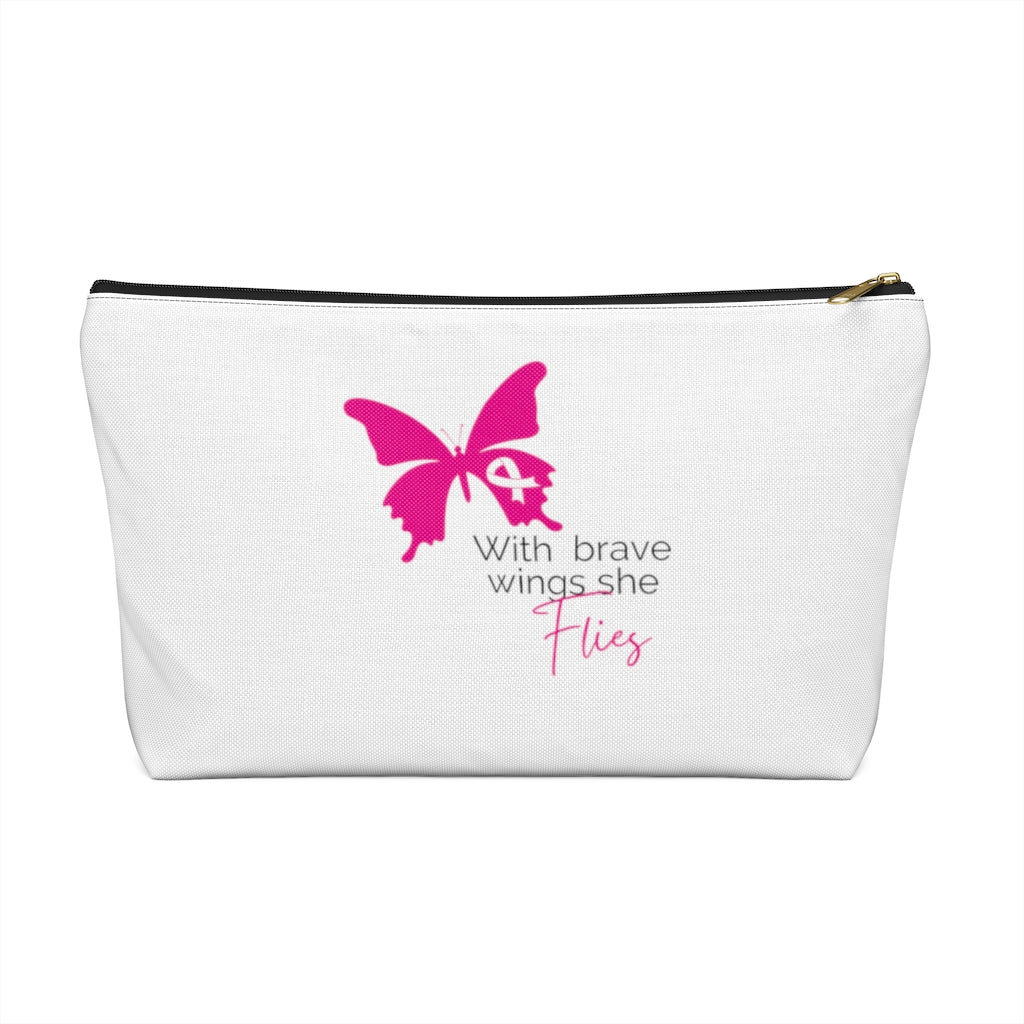 Pink Ribbon Butterfly Black Accessory Pouch w T-bottom