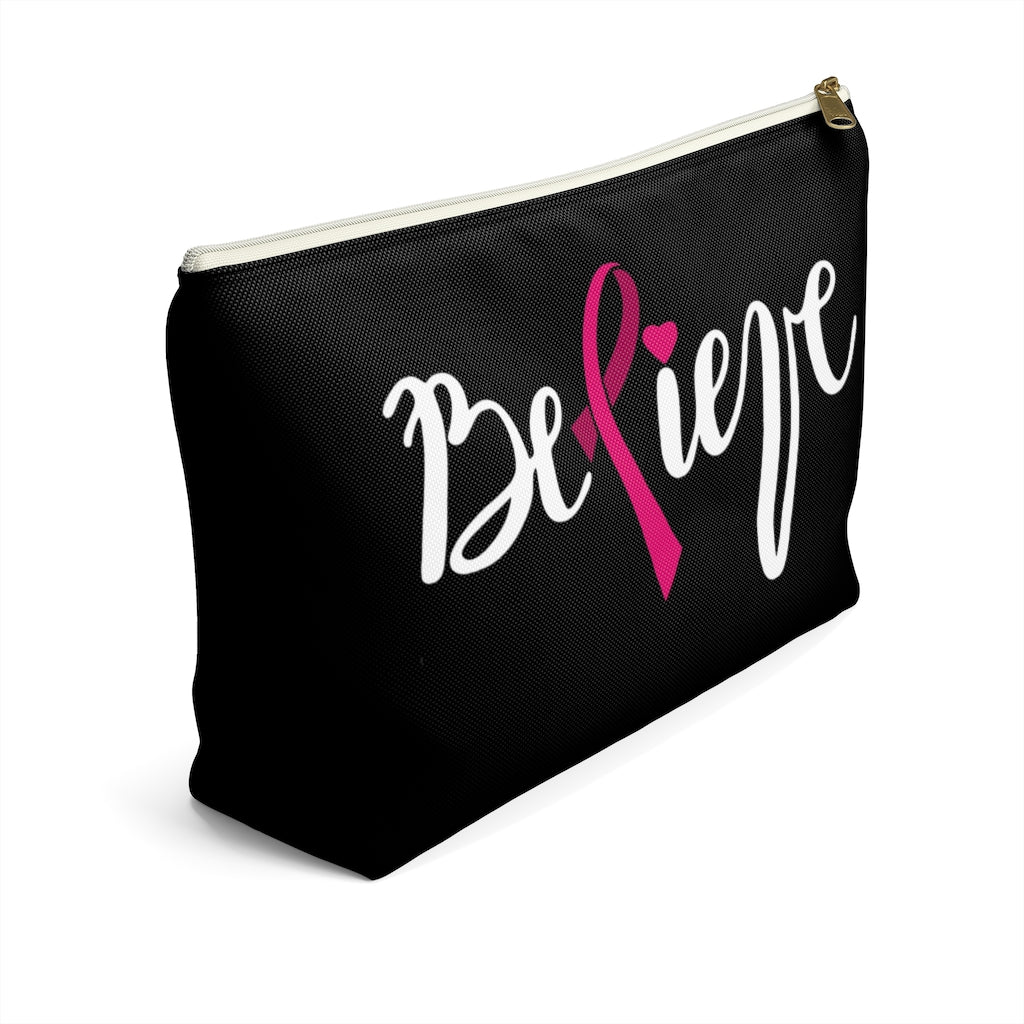 Believe Pink Ribbon Black Accessory Pouch w T-bottom