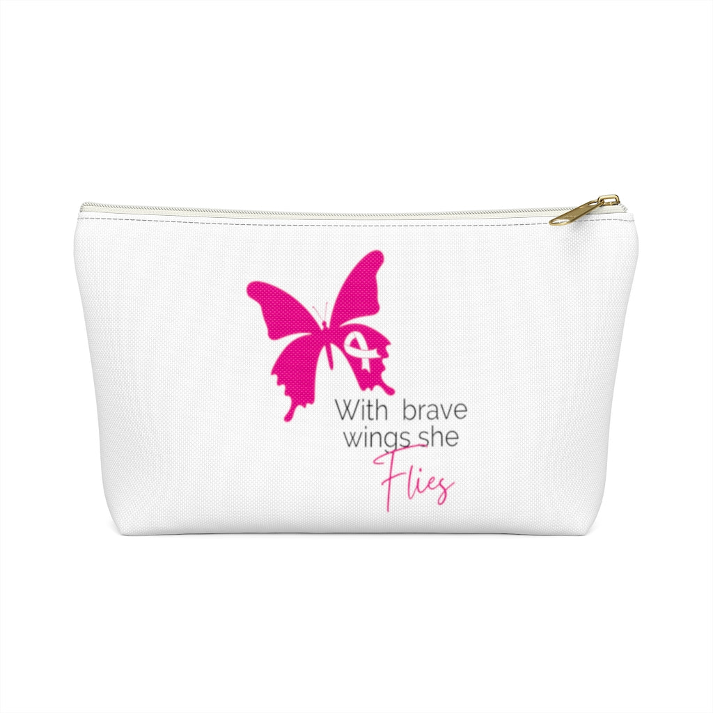 Pink Ribbon Butterfly Black Accessory Pouch w T-bottom