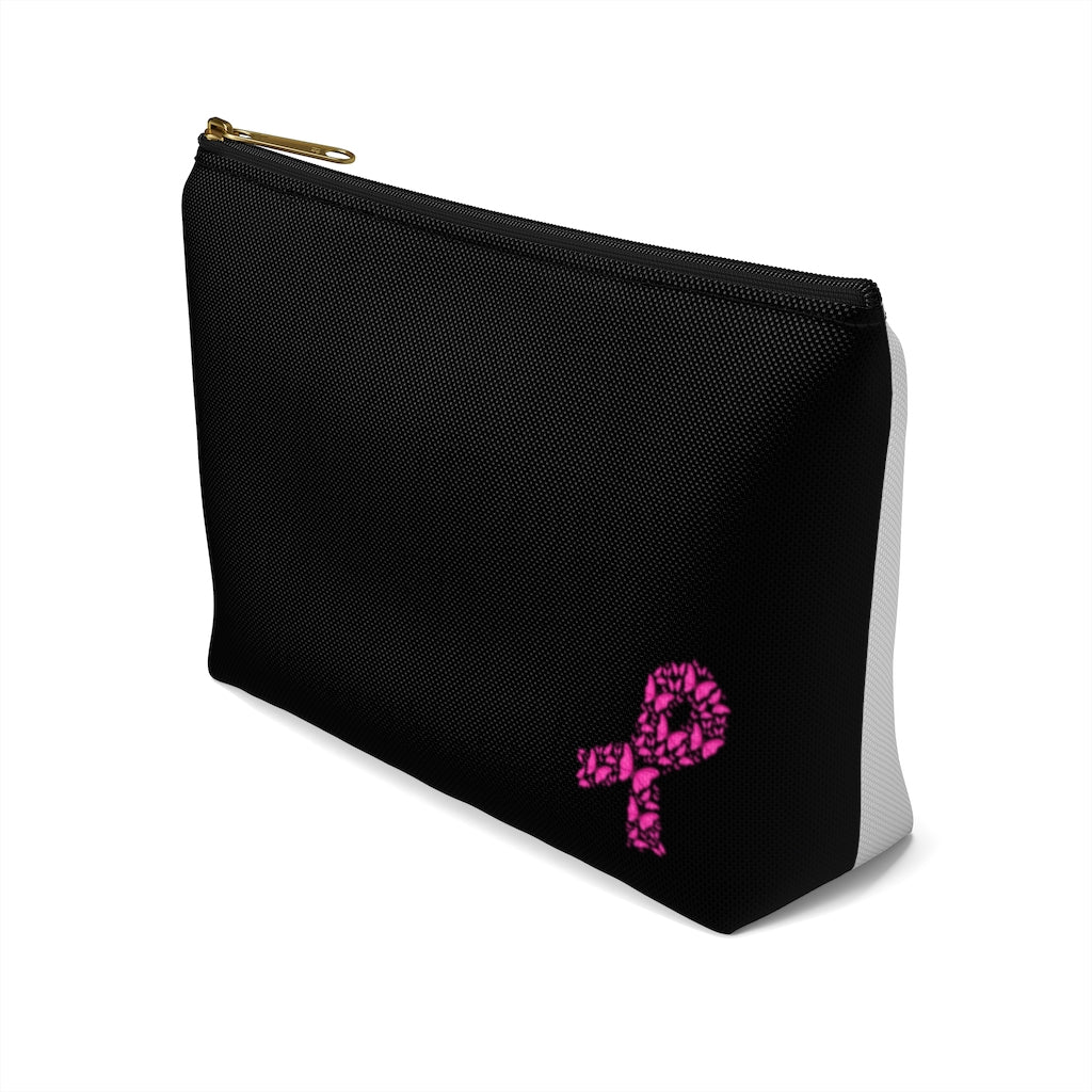 Pink Ribbon Butterfly Black Accessory Pouch w T-bottom