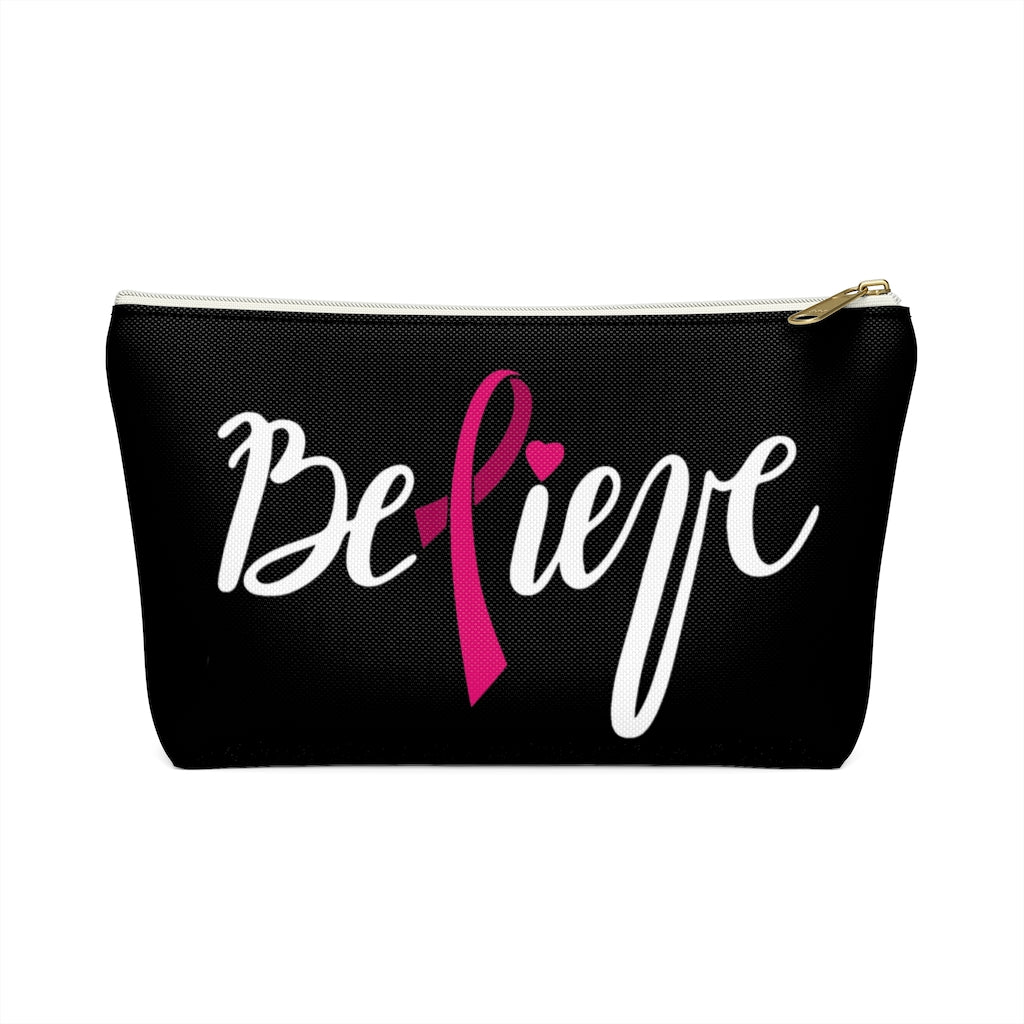 Believe Pink Ribbon Black Accessory Pouch w T-bottom