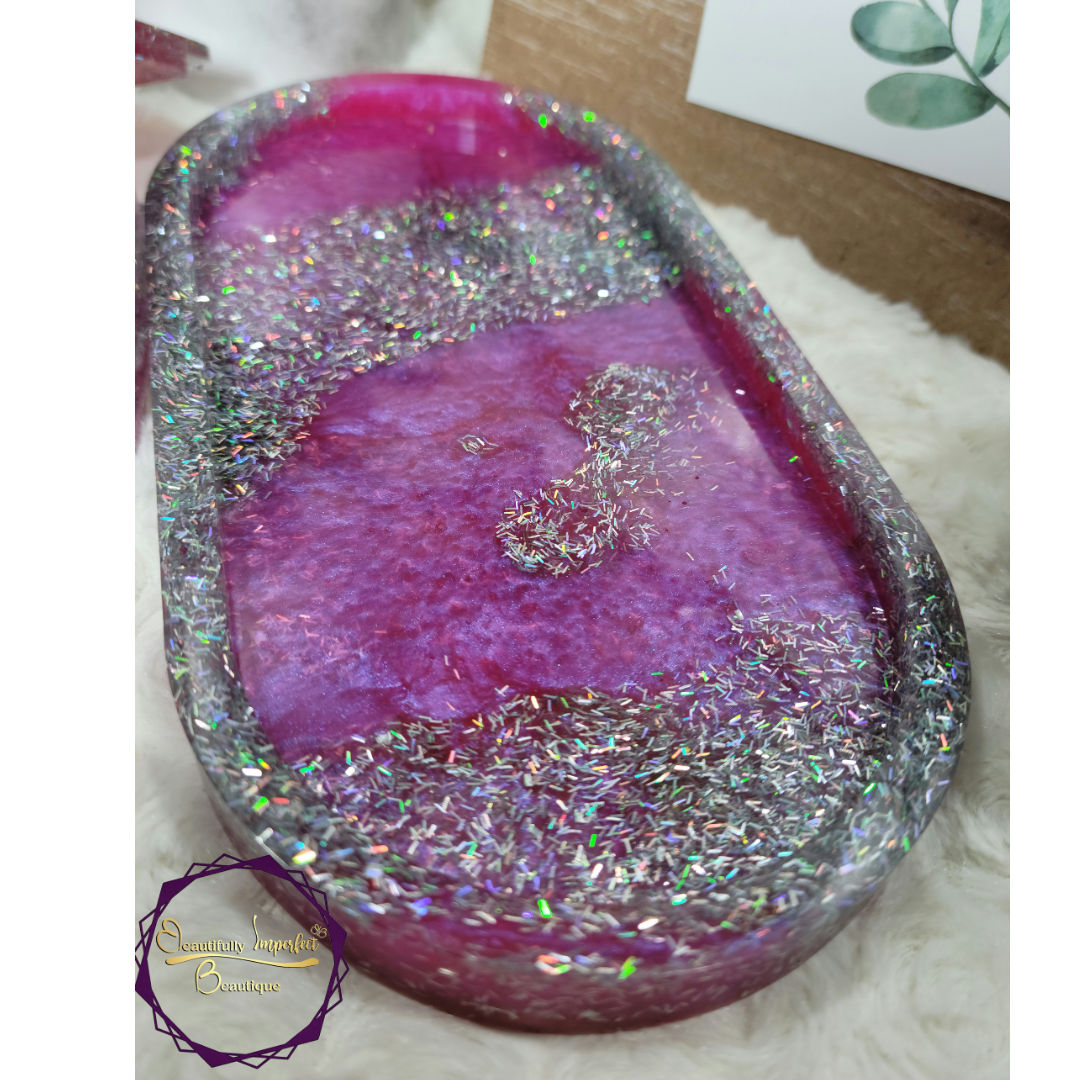 Pink with Silver Glitter Trinket Tray Set