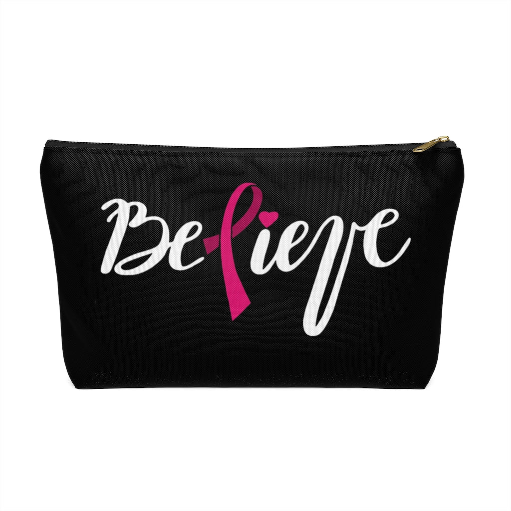 Believe Pink Ribbon Black Accessory Pouch w T-bottom