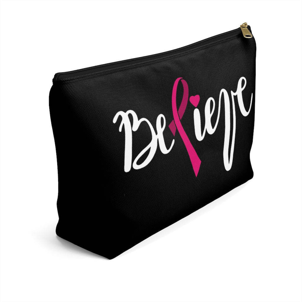 Believe Pink Ribbon Black Accessory Pouch w T-bottom