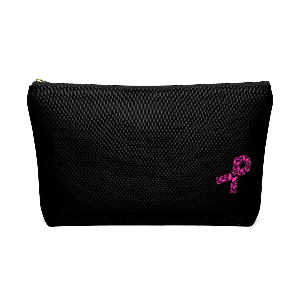 Pink Ribbon Butterfly Black Accessory Pouch w T-bottom