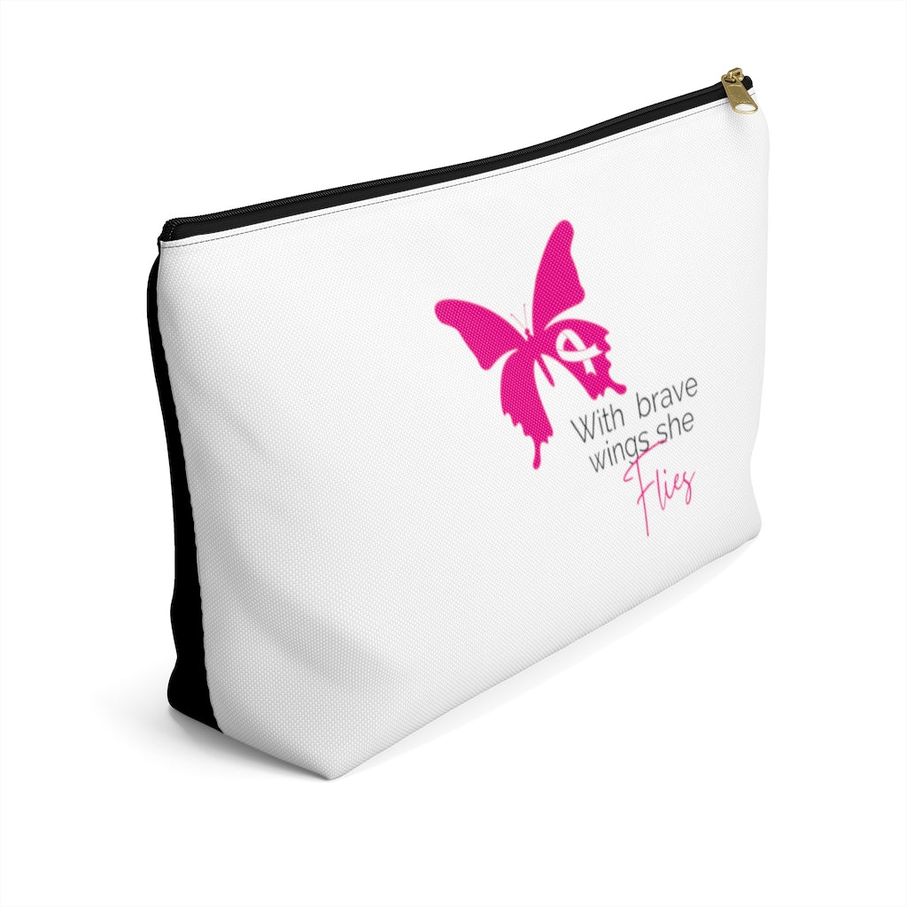 Pink Ribbon Butterfly Black Accessory Pouch w T-bottom