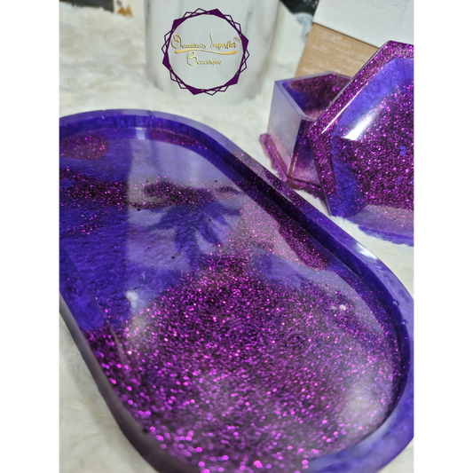 Purple Glitter Trinket Tray Set