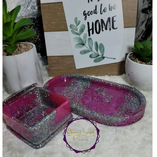 Pink with Silver Glitter Trinket Tray Set