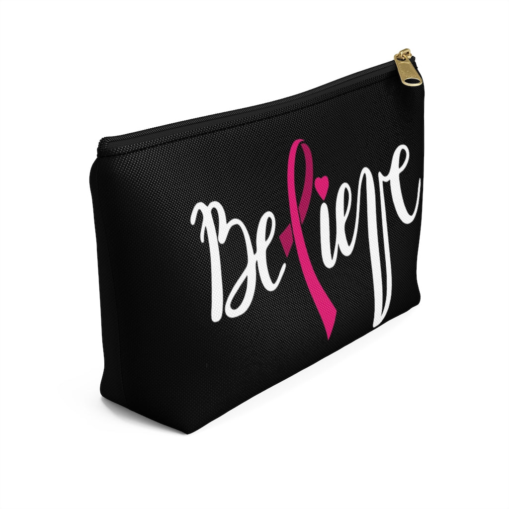 Believe Pink Ribbon Black Accessory Pouch w T-bottom