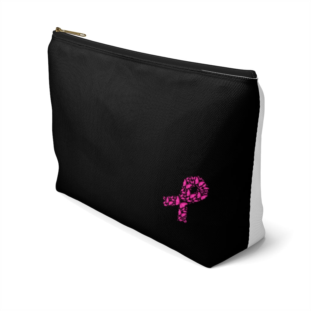 Pink Ribbon Butterfly Black Accessory Pouch w T-bottom