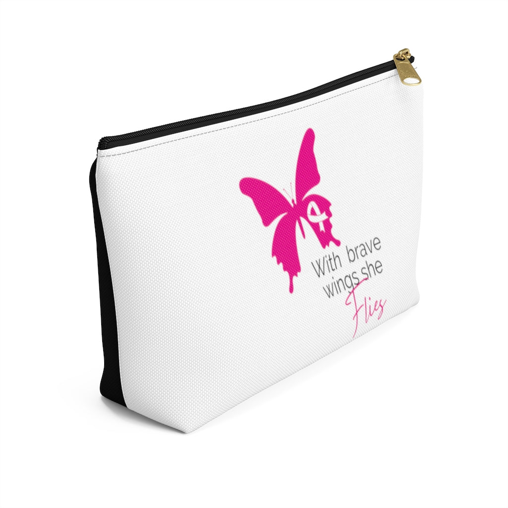 Pink Ribbon Butterfly Black Accessory Pouch w T-bottom