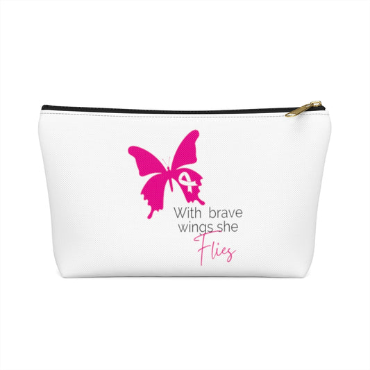 Pink Ribbon Butterfly Black Accessory Pouch w T-bottom