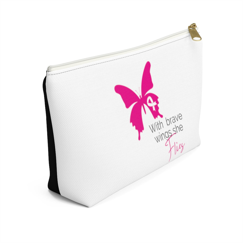 Pink Ribbon Butterfly Black Accessory Pouch w T-bottom