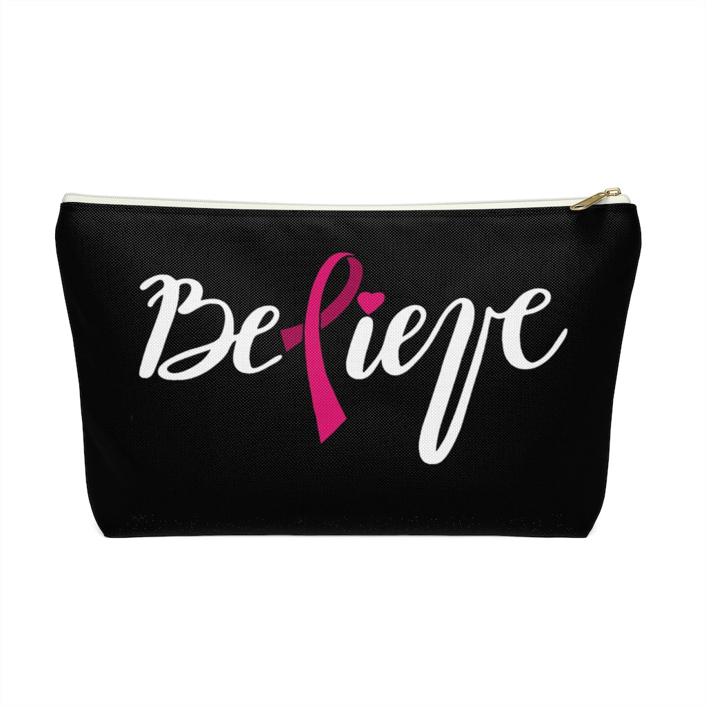 Believe Pink Ribbon Black Accessory Pouch w T-bottom