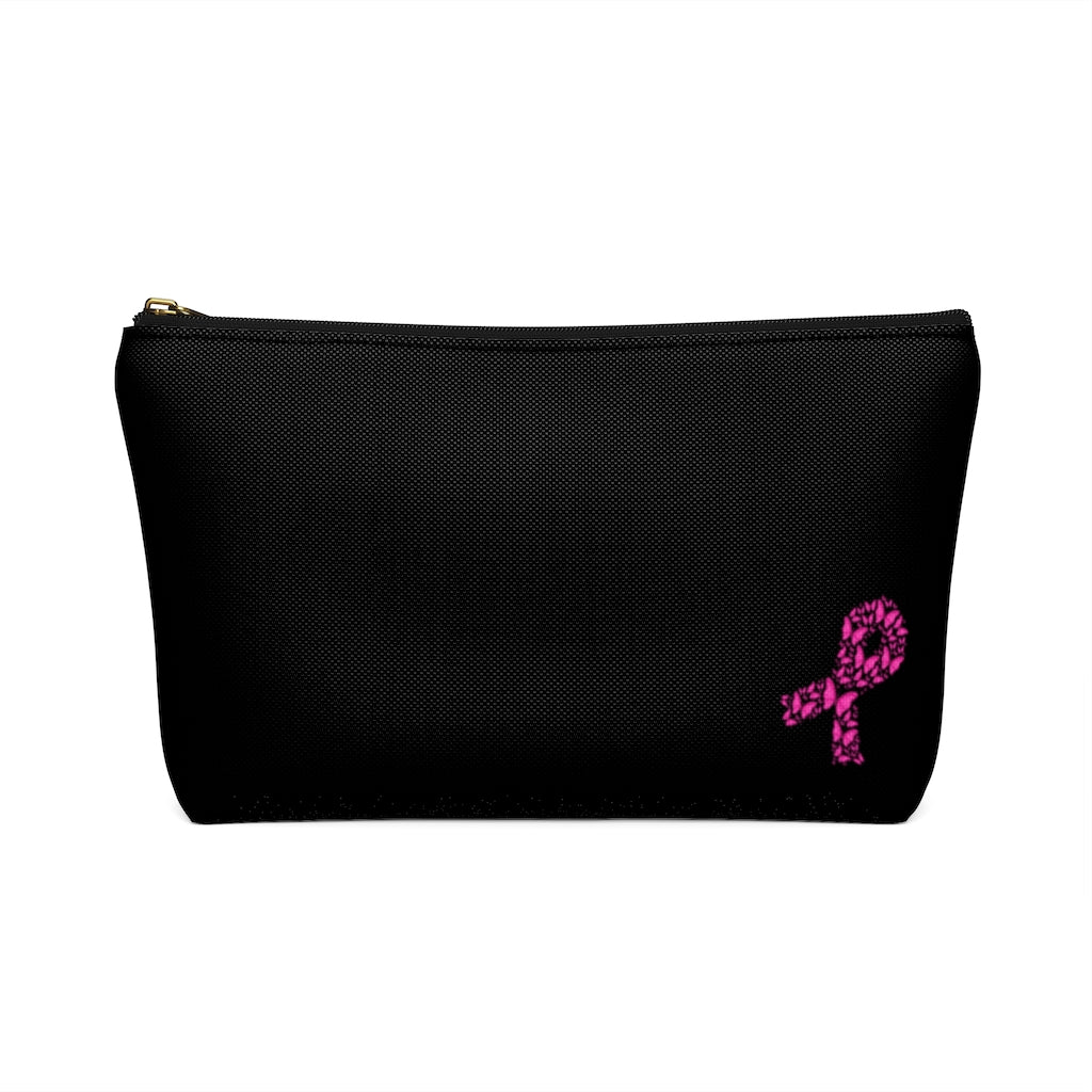 Pink Ribbon Butterfly Black Accessory Pouch w T-bottom