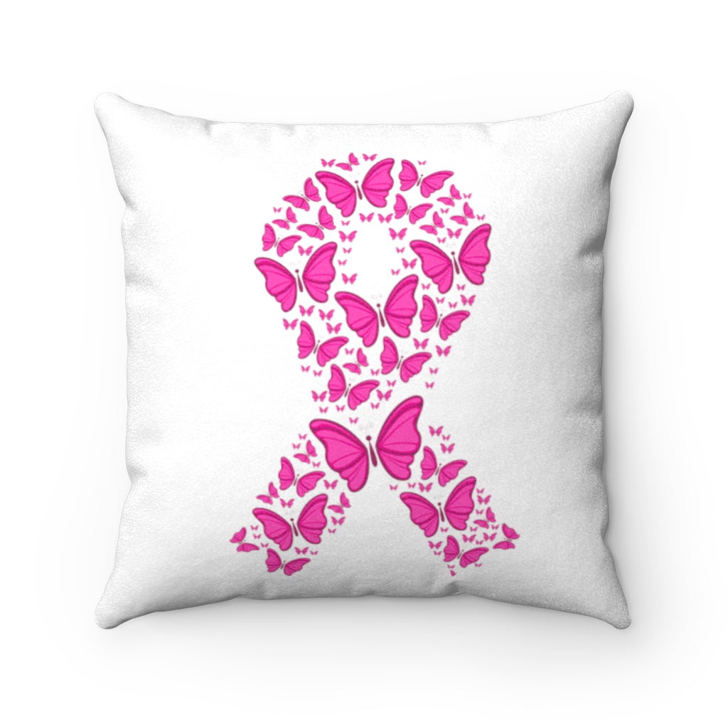 Pink Ribbon Butterfly Faux Suede Square Pillow