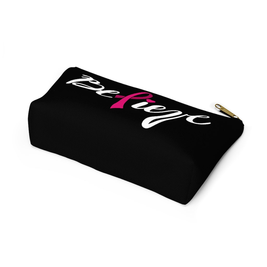 Believe Pink Ribbon Black Accessory Pouch w T-bottom